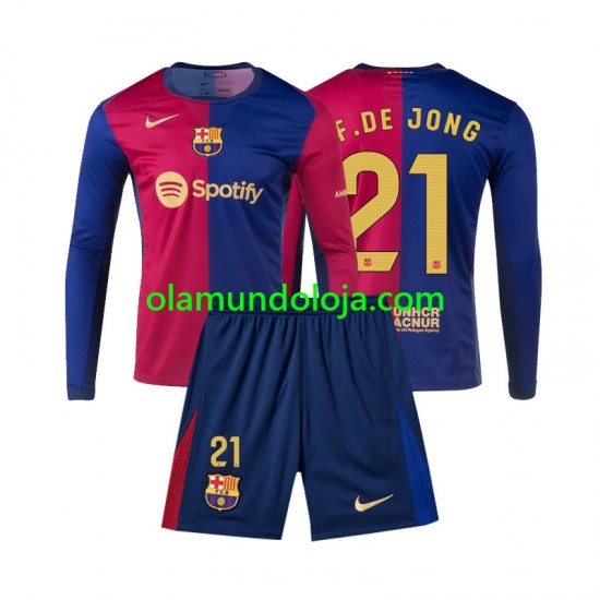 Camisola FC Barcelona Frenkie de Jong 21 Criança Equipamento Primeiro 2024-2025 Manga Comprida